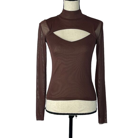 And Now This X-Small Mesh Top Mock Neck Long Sleeves Stretch Cutout Lined Brown - Picture 1 of 9
